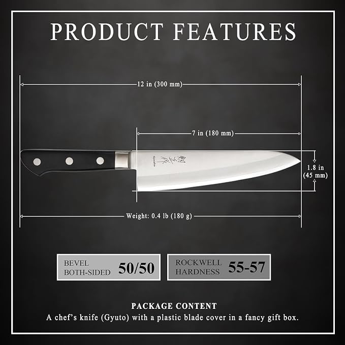 Japanese Chef Knife Molybdenum Vanadium Stainless Steel with Bolster, Gyuto 7-inch (180mm) Dishwasher Safe
