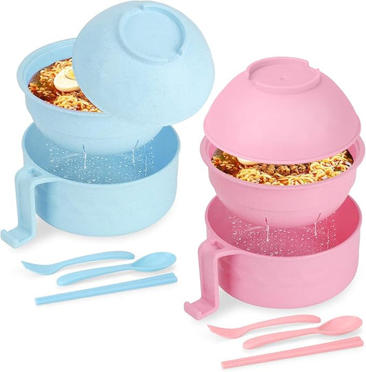 Ramen Bowl Set of 2, Ramen Cooker 33 oz, Ramen Bowls with Chopsticks and Spoon, Microwave Pasta Cooker, Ramen Bowl Microwave Gift College Dorm Essentials for Girls Guys (Blue&Pink)
