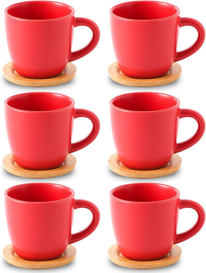 HASENSE Cappuccino Cups with Bamboo Saucers Set of 6, 8 OZ Ceramic Espresso Cups with Handle for Double Shot, Latte, Mocha, Stackable Coffee Cups for Cafes, Home and Office, Red
