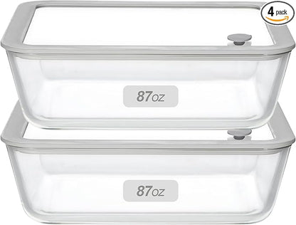 Glass Food Containers with Glass Lid, Microwave Safe Food Storage Container Set, 2 Pack of 87oz, Large Size Airtight Storage Set with Leak Proof Lids, Meal Prep Containers