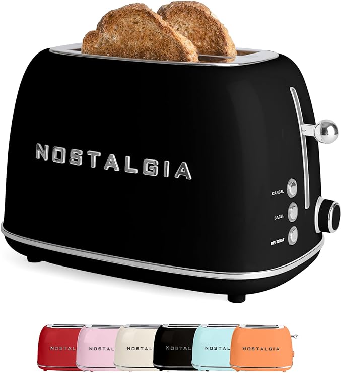 Nostalgia Classic Retro 2-Slice Toaster- Vintage Design- Enamel Coated Steel Body- Wide Slots for all Breads- Crumb Tray, Cord Storage- Defrost,Cancel and Bagel Function & 6 Toasting Levels- Black