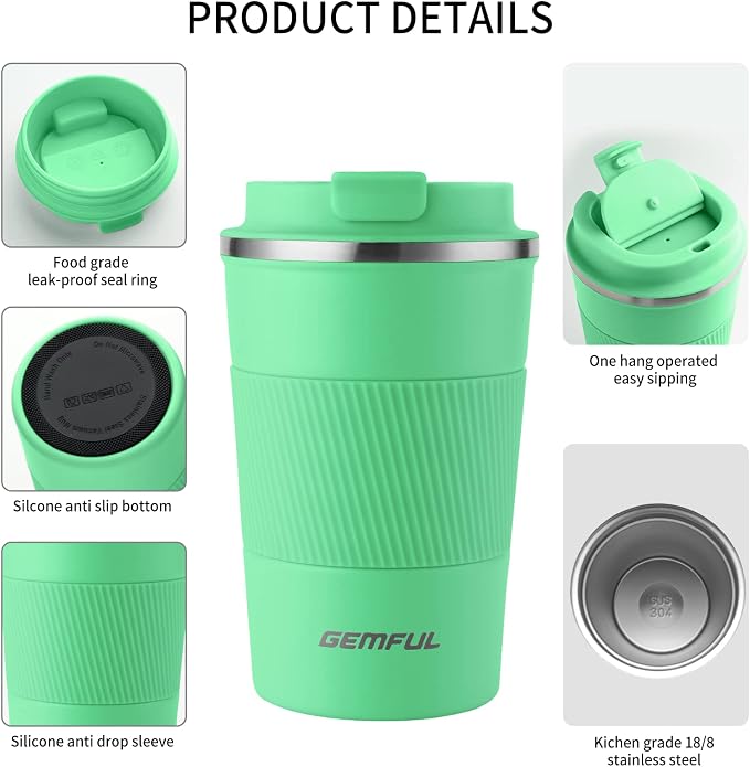 GEMFUL13 oz Insulated Coffee Mug with Lid Spill Proof Travel Mug Tumbler Leak Proof Stainless Steel Cups for Coffee and Tea In Travel and Car Women Men (Green)