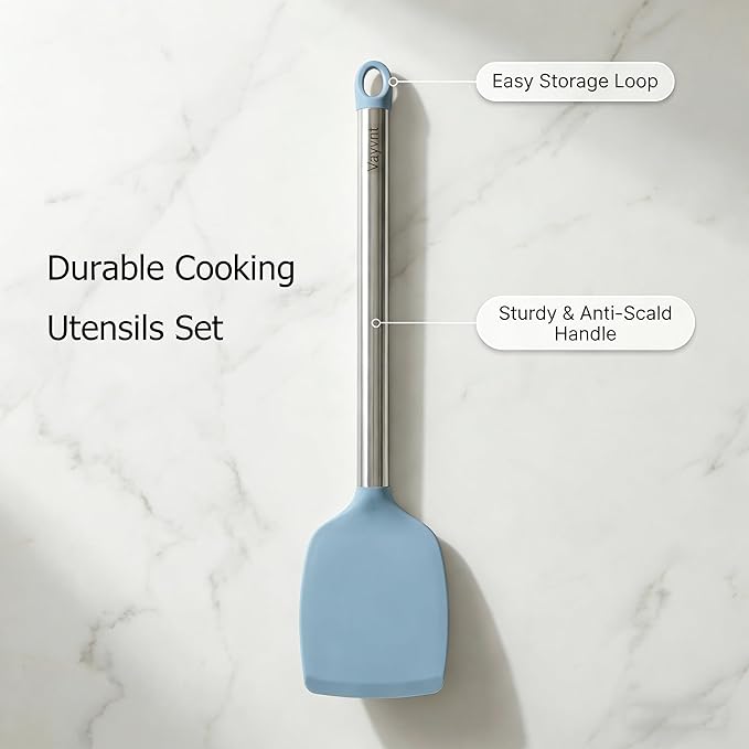 Vayvnt 4PCS Kitchen Utensils Set, Heat Resistant Silicone Utensils Set for Cooking, Non Scratch Spatula Spoons for Non Stick Pan, Large Kitchen Cooking Tools, Metal Long Handle&Dishwasher Safe, Blue