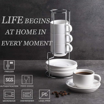 Sweejar Porcelain Espresso Cups with Saucers, 4 Ounce Stackable Cappuccino Cups with Metal Stand for Coffee Drinks, Latte, Tea - Set of 4 (White)