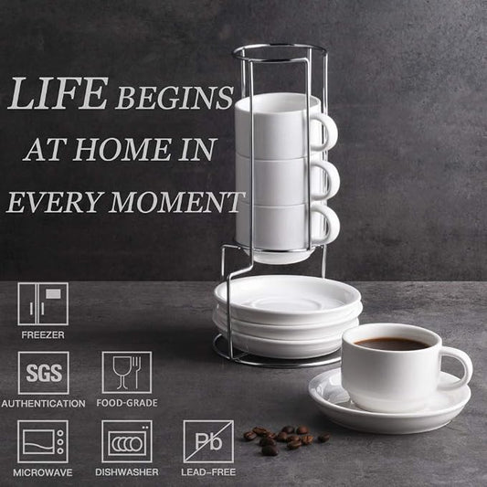 Sweejar Porcelain Espresso Cups with Saucers, 4 Ounce Stackable Cappuccino Cups with Metal Stand for Coffee Drinks, Latte, Tea - Set of 4 (White)