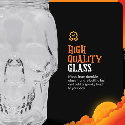 DURA LIVING Set of 2 Skull Mason Jar Glasses with Lids | 16oz Reusable Halloween Drinking Glasses | Unique Skull Décor, Storage, & Canning Jars for Parties & Gifts