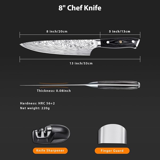8" Chef Knife,High Carbon Stainless Steel Chef Knife,kitchen knife with Finger Guard and Knife Sharpener,Chef Knife Gift Box for Family and Friends