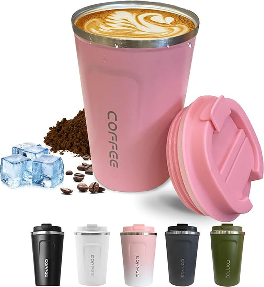 SPLMIFA Travel coffee mugs leak-proof, reusable coffee cups with lids, stainless steel vacuum insulated coffee tumblers, thermal insulation cups for men & women keep drinks hot & cold(2nd-Pink, 12OZ)