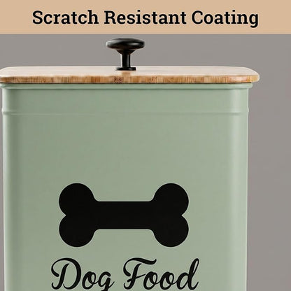 Dog Food Container Airtight 5-7 lb (25 Cup) Capacity - Cute Airtight Dog Food Storage Container with Bamboo Lid & Sturdy Metal Handle - Green Metal Kibble Storage Bin for Dogs up to 50 lbs - Pet Jar