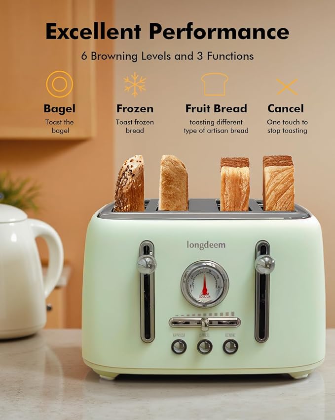 Retro 4-Slice Toaster - 6 Settings, Stainless Steel Body, Defrost/Cancel Button & Crumb Tray, Vintage Green