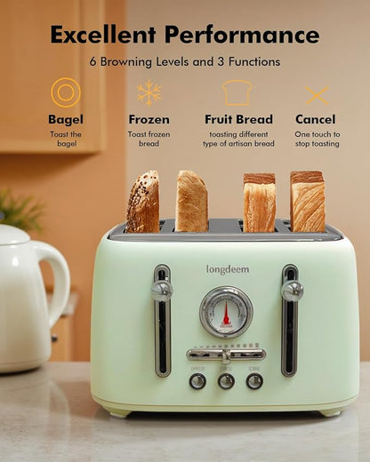 Retro 4-Slice Toaster - 6 Settings, Stainless Steel Body, Defrost/Cancel Button & Crumb Tray, Vintage Green