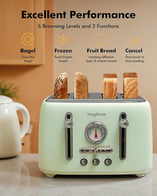 Retro 4-Slice Toaster - 6 Settings, Stainless Steel Body, Defrost/Cancel Button & Crumb Tray, Vintage Green