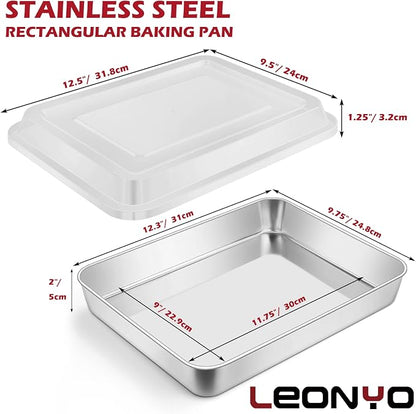 Leonyo Baking Pan with Lid Set of 4, 12⅓ x 9¾ x 2 Inch Deep Stainless Steel Cake Pan for Baking, Rectangular Lasagna Tray for Focaccia, Bread, Brownies, Casseroles, Refrige & Oven Safe
