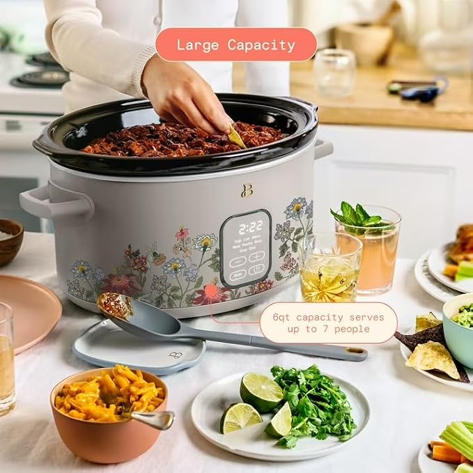 B 6 Qt Programmable Slow Cooker with Digital Timer, 5 Cooking Functions, Removable Ceramic Pot, Tempered Glass Lid, Dishwasher Safe (Wildflower Porcini Taupe)