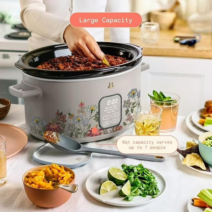 B 6 Qt Programmable Slow Cooker with Digital Timer, 5 Cooking Functions, Removable Ceramic Pot, Tempered Glass Lid, Dishwasher Safe (Wildflower Porcini Taupe)