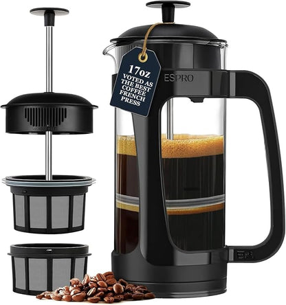 ESPRO Light P3 French Press Coffee Maker – Patented Double Micro-Filter for Grit-Free Brew, Heat Resistant thicker Borosilicate Glass Coffee press – (Black 17 oz)