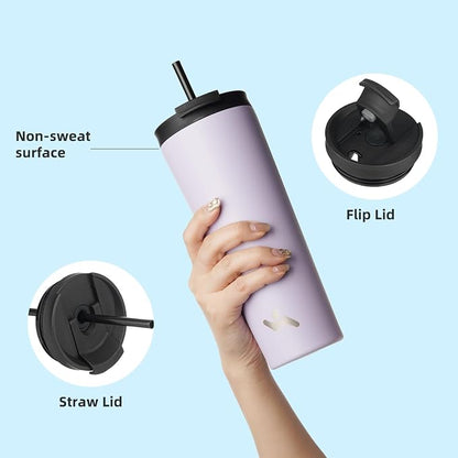 Konokyo 22 OZ Insulated Tumbler with Lid and 2 Straws Stainless Steel Water Bottle Vacuum Travel Mug Coffee Cup,Taro