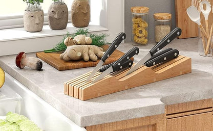 In-Drawer Knife Block Organizer - Bamboo Wood Drawer Knife Organizer-Protecting Knife Organizer Block (Not Included) (Natural, 7 Knives Dock)