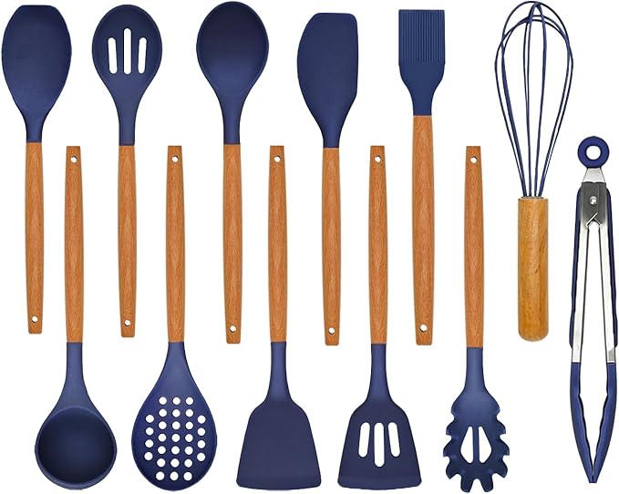 Kitchen Utensils Set - 12 Pcs Silicone Cooking Utensils Set with Wooden Handle - Heat Resistant Non-Stick BPA Free Spatula Set,Turner, Spoon, Brush, Silicone Kitchen Gadgets Utensil Set