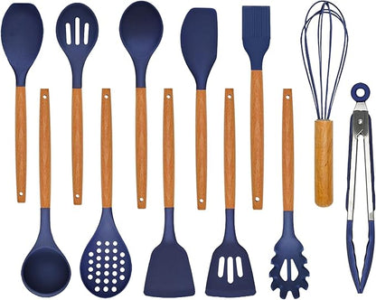 Kitchen Utensils Set - 12 Pcs Silicone Cooking Utensils Set with Wooden Handle - Heat Resistant Non-Stick BPA Free Spatula Set,Turner, Spoon, Brush, Silicone Kitchen Gadgets Utensil Set