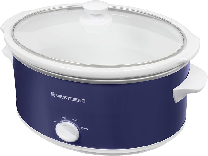 West Bend Slow Cooker 6-Quart Manual Crockery Style with Dishwasher Safe Oval Ceramic Crockpot and Glass Lid Two Temperature Settings Plus Keep Warm, 330-Watts, Navy
