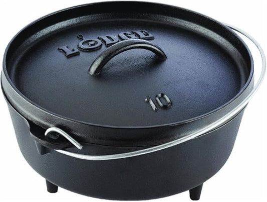Lodge Seasoned Cast Iron Camp Dutch Oven with Lid - 4 Quart - Dual Handles - Seasoned Cast Iron Cookware with Steel Handle & Strong Lid for Heavy- Duty Camping Cookware