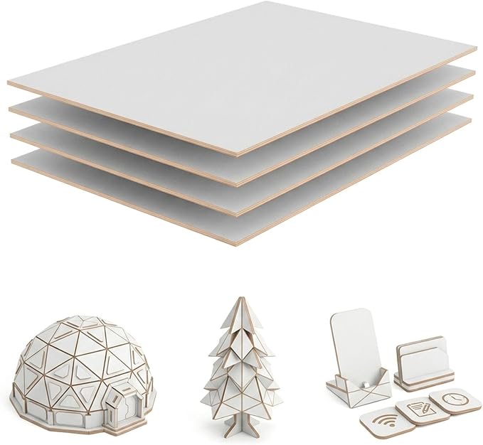 4 Pack Double-Sided Pre-Painted Colored Plywood Sheets, 11.7"x8.27"x1/8" (3mm) Laser-Friendly Craft Boards for Cutting & Engraving (White)