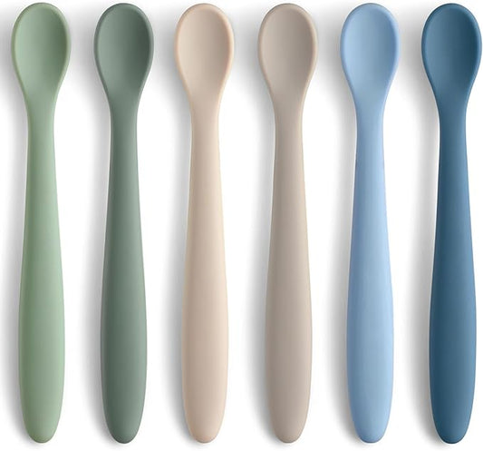 6 Piece Silicone Baby Feeding Spoons, First Stage Infant Soft-Tip Easy on Gums, Training Spoon Self-feeding, Utensils Supplies, Dishwasher & Boil-proof - Blue