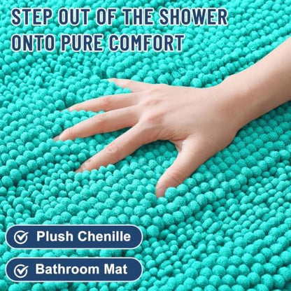 Grandaily Chenille Striped Bathroom Rugs 59x20, Extra Thick and Soft Absorbent Bath Mats, Rubber Backing, Plush Shaggy Shower Carpet, Machine Wash Dry, Bath Rug for Bathroom, Turquoise