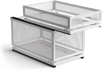Pull Out Cabinet Organizer, Slide Out Drawers Fixed with Adhesive Nano Film, Pantry Shelves Sliding Drawer Storage Organization for Kitchen (Double Layer 19.7 * 13.8 * 12.6inch/50 * 35 * 32cm)