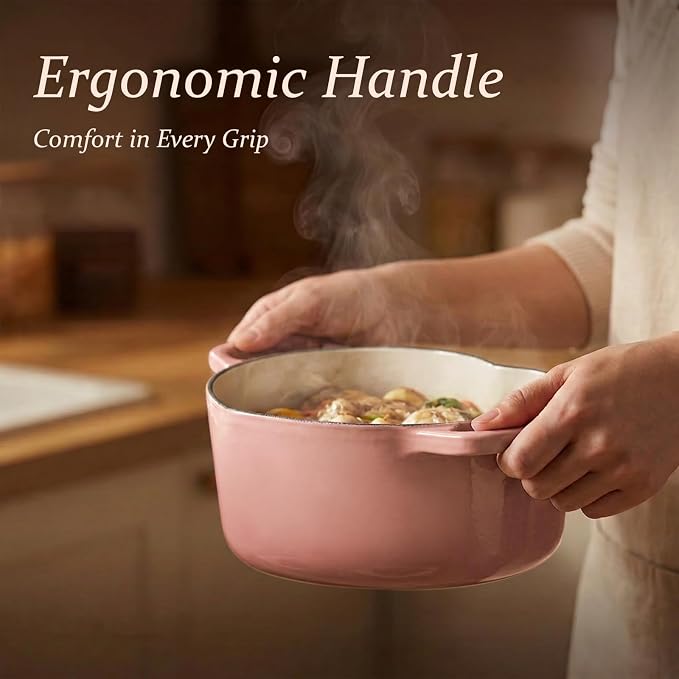 Overmont Heart-Shaped Enameled Cast Iron Dutch Oven, 2QT Pink Mini Pot with Lid for Cozy Meals, Soups & Small Batch Baking, Cute Kitchen Cookware Gift for Wedding, Housewarming & Birthday
