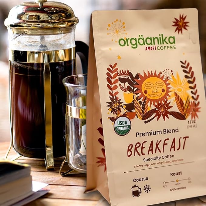 New Orgaanika Andes Breakfast 12oz | Gourmet Coffee Blend | Coarse Ground | Medium Roast | Specialty Organic | Best for French Press & Cold Brew Coffee, well balanced, bulletproof flavor, aroma and body. (bag 12oz.) | Loyalty Reward Inside the Bag (see...