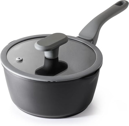 PRICUSIS Nonstick Saucepan with Lid, 2 Quart Non Toxic Pot with Pour Spouts, Full Coated, 100% Dishwasher Safe, Induction Compatible, PFOS & PFOA Free, Black Sesame