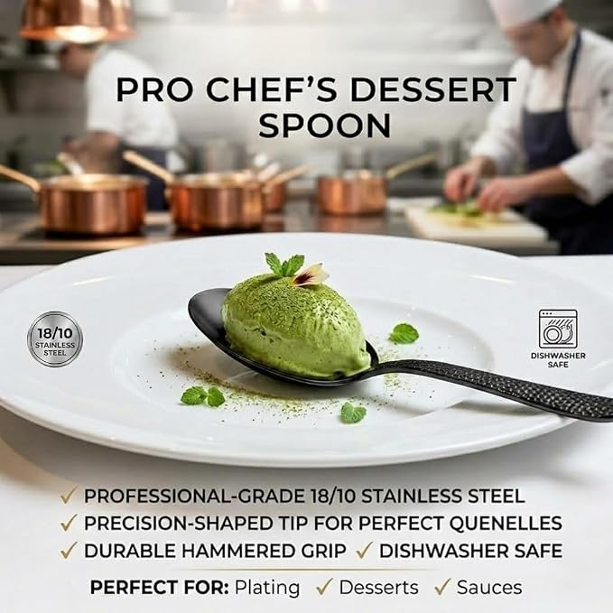 CREATIVECHEF Kunz Spoons, Chef Kunz Cooking Spoons, Stainless Steel Titanium Shiny Basting Spoon, 18/10 Stainless Steel, Plating Kunz Spoons, Dinner Serving Spoons (Black)