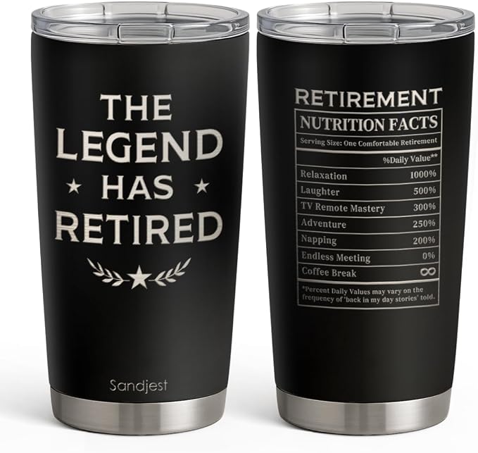 SANDJEST Retirement Tumbler 20oz, Stainless Steel Travel Cup with Lid, The Legend Has Retired Insulated Coffee Mug, Retirement Gifts for Men Coworkers Boss Friends on Birthday Christmas Farewell