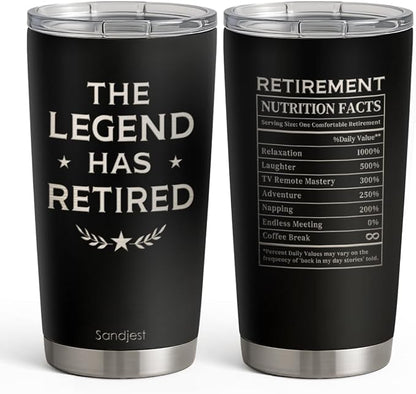 SANDJEST Retirement Tumbler 20oz, Stainless Steel Travel Cup with Lid, The Legend Has Retired Insulated Coffee Mug, Retirement Gifts for Men Coworkers Boss Friends on Birthday Christmas Farewell