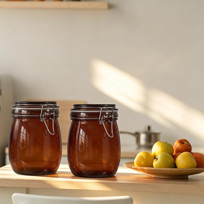 Norme 6 Pack 25oz Amber Airtight Glass Jars with Lids, Round Food Storage Container Airtight Food Wire Clip Fastening for Sauerkraut Flour Kitchen Sugar Cereal Kitchen Canning Pickling Mason Jars