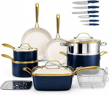 Gotham Steel 20pcs Pots and Pans Set Non Stick Ceramic Cookware Set with Deep Frying Pan Set & 6pc Knife Set, Improved Ti-Cerama Coating Made without PFOA PFOS Lasts 2x Longer, Oven & Dishwasher Safe