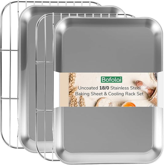 18/0 Stainless Steel Baking Sheet with Cooling Rack, Oven-Safe Non-Toxic Cookie Sheets for Baking, Set of 4, Coating Free & Rust Resistant for Healthy Family Baking, Easy to Clean, Heavy-Duty