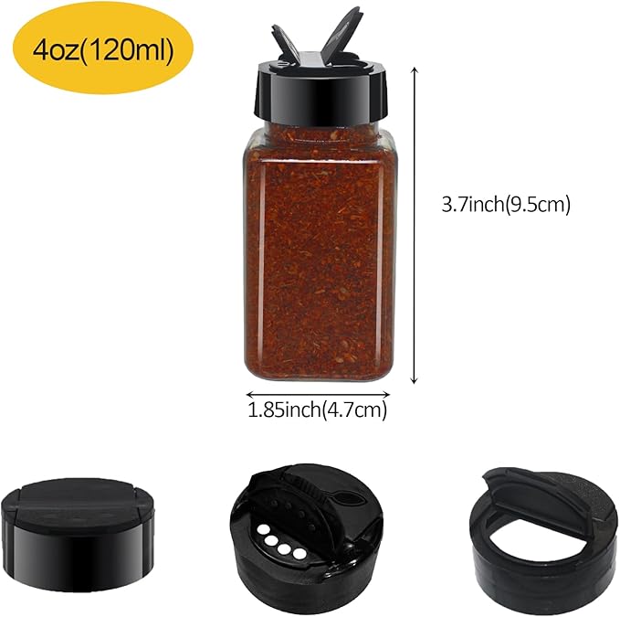 24 Pack 4oz Clear Plastic Spice Jars With Black Plastic Lids, Square Spice Bottles, Seasoning Containers with Chalk Labels, Pen, Funnel, Spice Containers For Kitchen Cabinet