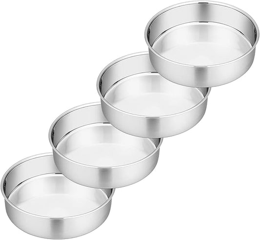 P&P CHEF 6 Inch Cake Pan Set of 4, Stainless Steel Baking Round Cake Pans Tins Bakeware for Birthday Wedding, Leak-proof & Easy Clean, Mirror Finish & Easy Releasing