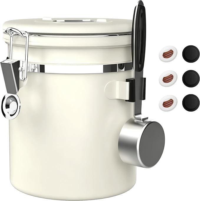 ShanSon Coffee Canister Airtight, Stainless Steel Bean Storage Container with Date Tracker & Scoop, Grounds Sugar Flour Tea Cereal Fits Kitchen Pantry, Ideal Gift for Coffee Lovers,16oz,Beige