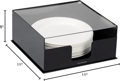 Mind Reader Paper Plate Holder, Covered Dispenser, Dinner Party Essentials, Plate Caddy, Acrylic, 11" L x 11" W x 5" H, Black (Pack of 2)