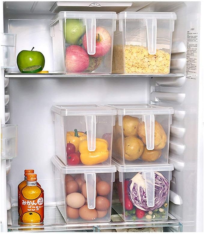 Plastic Storage Containers Square Food Storage Organizer Stackable Refrigerator Organizer Handle Kitchen Containers with Lids for Fruits Vegetables Meat Egg, 4-pack (Green)