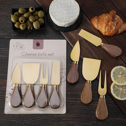 Linwnil 4-Piece Set of Stainless Steel Cheese Knives with Wood Hand, Including Cheese Slicer and Cheese Cutters, Essential Cheese Tools for the Kitchen (Walnut handle, Gold)