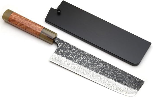 Yoshihiro Black-Forged High Performance SLD Damascus Steel Nakiri Vegetable Knife (7" (180mm), Ironwood Handle) (with Saya)