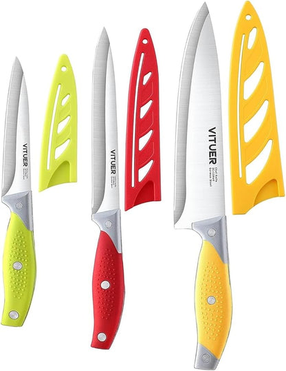 VITUER Chef Knife, 3PCS Kitchen Knife, Multicolor Stainless Steel Sharp Chef Knife Set (3Pack, Yellow, Red, Green)