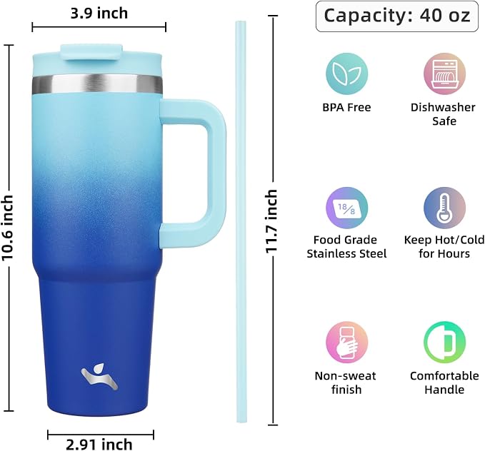 Konokyo 40 oz Tumbler with Handle and 2 Straws,2 in 1 Lid Insulated Water Bottle Stainless Steel Travel Coffee Mug,Sky