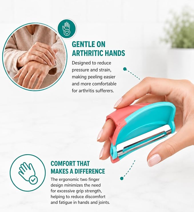 2 Finger Vegetable Peeler Easy Grip Safe Ergonomic Fruit & Potato Peeler for Arthritis Hands, Non Slip Kitchen Gadget for Carrots, Apples & Cucumbers with Stainless Steel Blade (Pink & Turquoise)