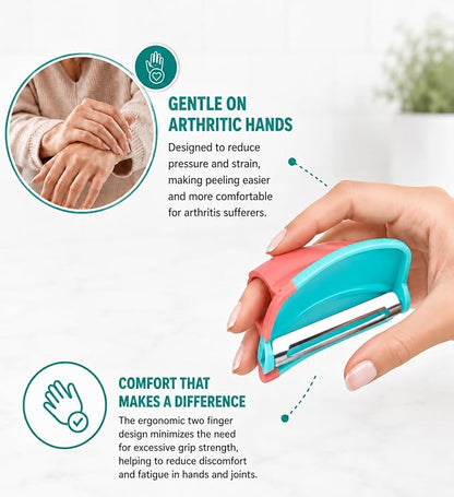 2 Finger Vegetable Peeler Easy Grip Safe Ergonomic Fruit & Potato Peeler for Arthritis Hands, Non Slip Kitchen Gadget for Carrots, Apples & Cucumbers with Stainless Steel Blade (Pink & Turquoise)